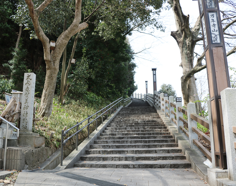 頂上の意賀美神社までは、階段を上り続けて5分ほどで着く。